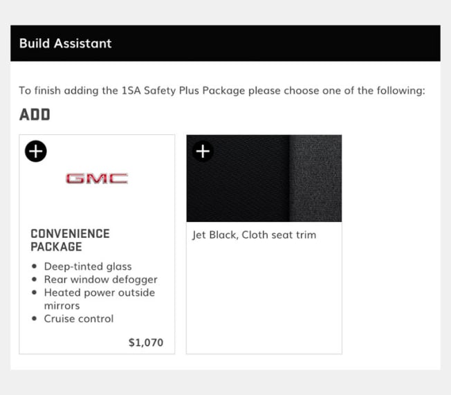 Screenshot from the GMC website of an example of bundling truck features.