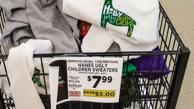 sign on sale basket in store for Hanes Ugly Children Sweaters