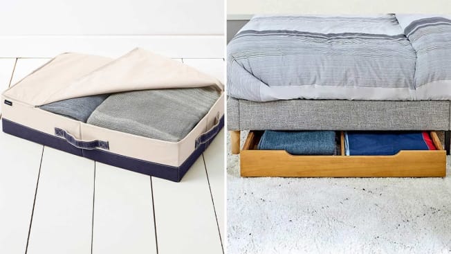 Lands End canvas underbed storage tote and a wooden-wheeled underbed storage unit.