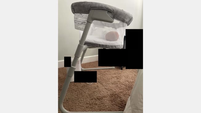Photo from an (HALO Innovations BassiNest Flex Sleeper) incident report, submitted to the CPSC by the parent of a seven-week-old girl in October 2023, described how the baby was not able to lie flat on her back on the bassinet’s uneven surface.