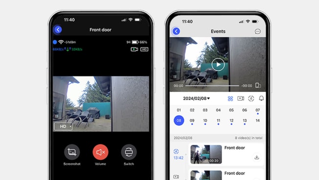 Two cell phones showing two different screenshots from the Aiwit app, one of the live view of Jessica's deck, and the other a calendar of past recordings.