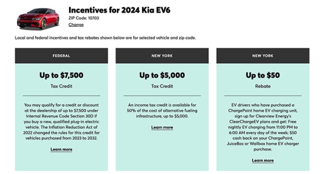 Consumer Reports Electric Vehicle Savings Finder
showing incentives for Kia EV6