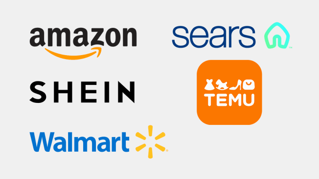 Company logos for Amazon, Sears, Shein, Temu, and Walmart