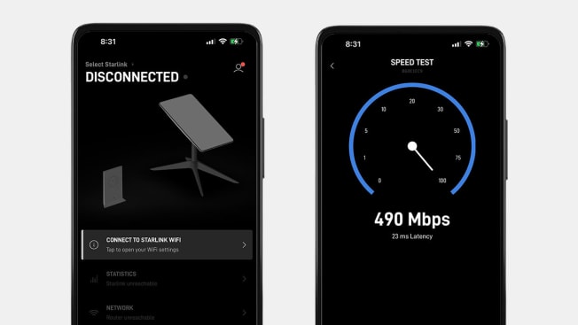 Screenshots from the Starlink app showing connection to the Starlink Wifi and Latency speed test.