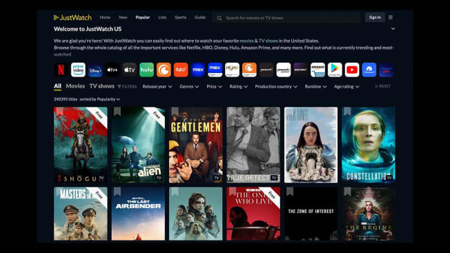 Screenshot of the JustWatch website.
