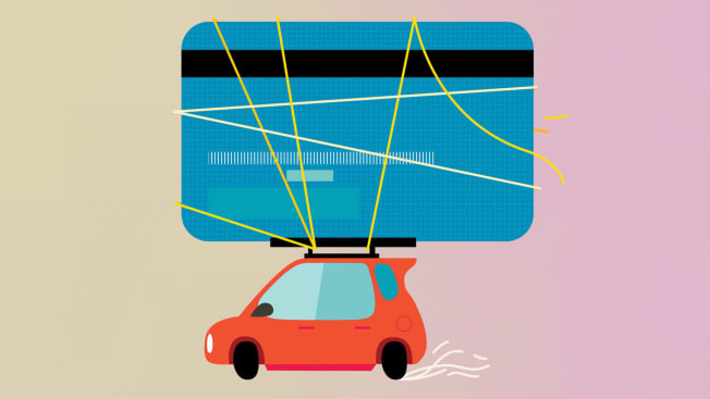 illustration of car with credit card tied to roof rack