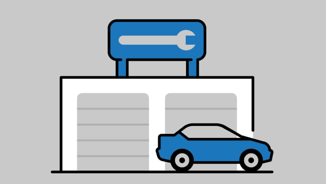 illustration of garage with wrench sign above the shop and a blue car in front
