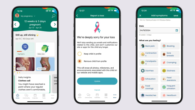 screenshots of BabyCenter's Dashboard, Handling of Loss, and Symptom Logging Entry pages