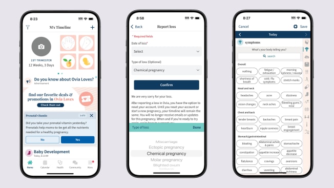 screenshots of Ovia Pregnancy's Dashboard, Handling of Loss, and Symptom Logging Entry pages