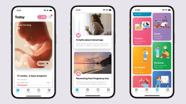screenshots of Pregnancy+'s Dashboard, Handling of Loss, and Logging/Tracking Tools pages