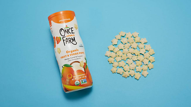 Package of Once Upon a Farm Organic Fruit and Veggie Puffs seen with a serving size of puffs.