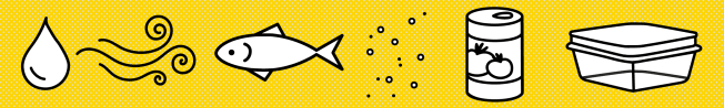 Illustrations of places BPAs are located: water, air, food (fish), dust, canned food, plastic storage containers