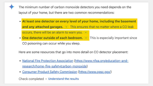A response from Google Gemini responding to a question about carbon monoxide detectors.