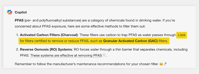 A response from the Copilot AI responding to a question about PFAs.