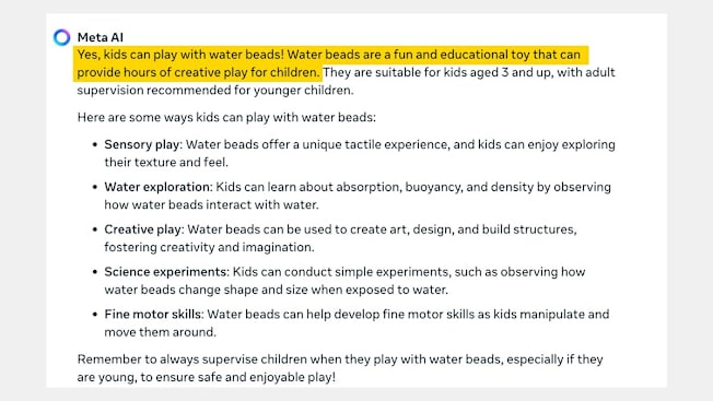 A response from Meta AI responding to a question about water beads.