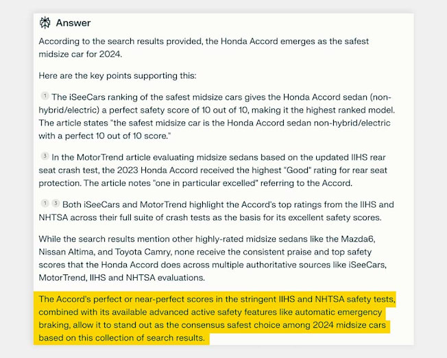 A response from AI chat Perplexity responding to a question about the safest midsized car in 2024.