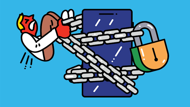 illustration of person trying to remove lock and chain that is surrounding a smartphone