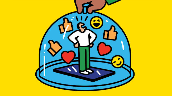 illustration of hand holding glass dome over person standing on smartphone with thumbs up, heart, and face emojis around them