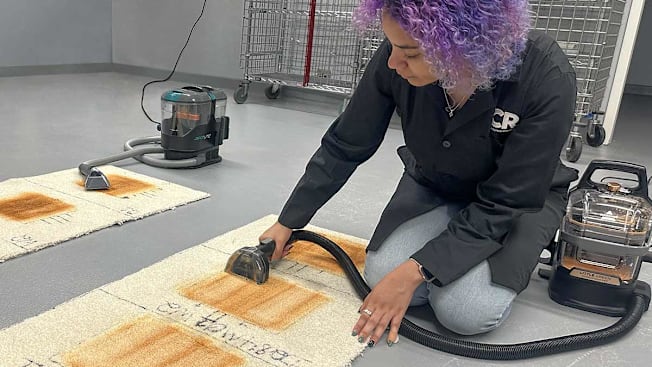 CR tech testing a portable carpet cleaner