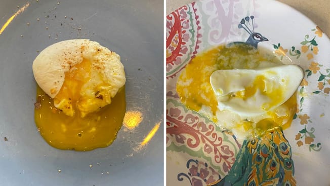 Poached egg made on stovetop on left, poached egg made in Dash egg cooker on right