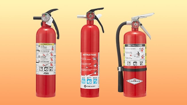 From left to right:  Kidde FA110 Multipurpose Fire Extinguisher, First Alert Rechargeable Home Fire Extinguisher, and Amerex B500 Multi-Purpose Fire Extinguisher