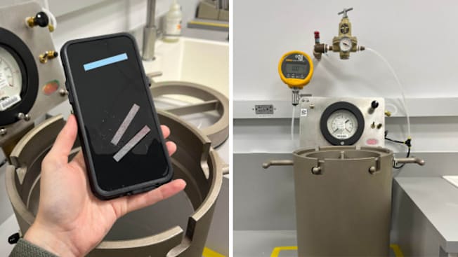 left image of hand holding Ghostek case with leak over water depth pressure chamber and right image showing water depth pressure chamber