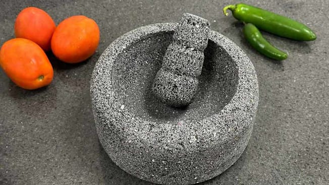 salsa ingredients and a Molcajete