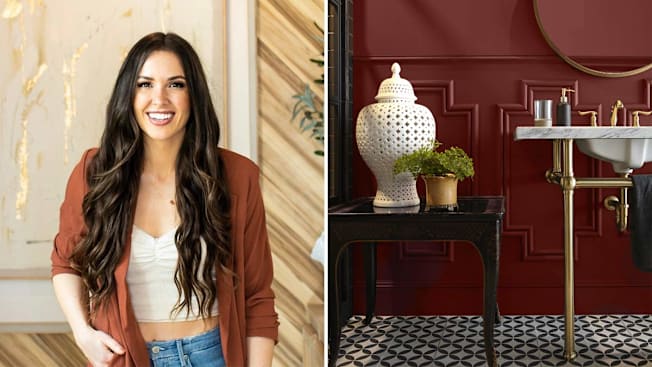 portrait of Cara Newhart and a powder room painted with Behr's Red Pepper