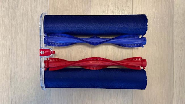 Detailed shot of the mop part of the Dyson Wash G1 wet floor cleaner on a wooden floor
