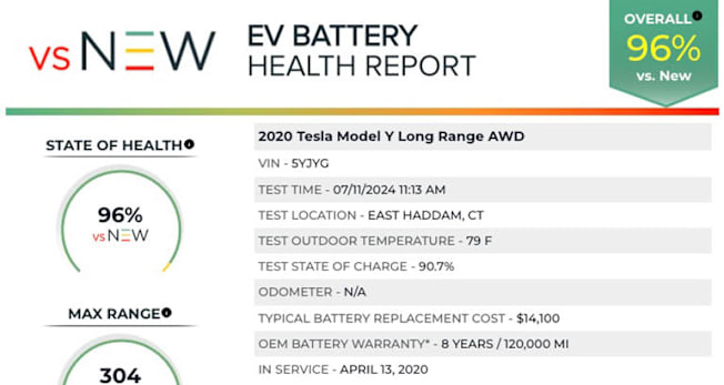 vsNew EV Battery Health Report for Tesla Model Y