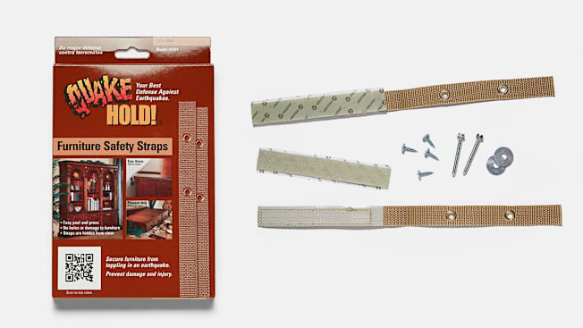 QuakeHOLD! furniture safety straps box and what's included inside