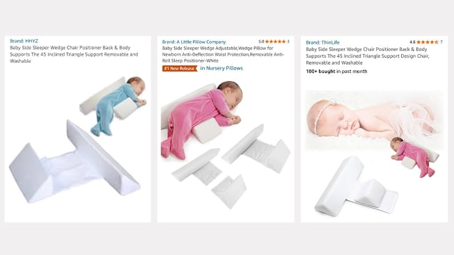 3 sales listings on Amazon showing similar sleep positioner and wedges for infants
