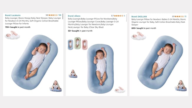 3 sales listings showing baby loungers on Amazon