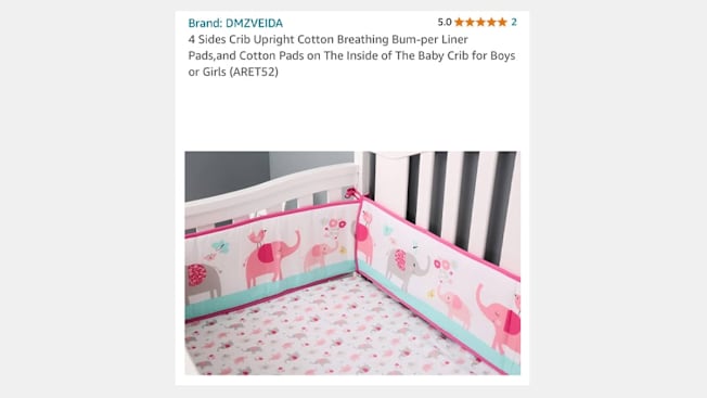 a listing for a crib bumper being sold on Amazon