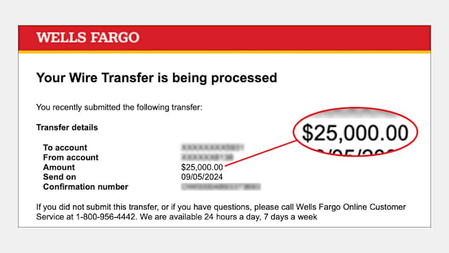 Wells Fargo Wire Transfer being processed.