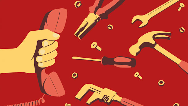 illustration of person holding corded phone with repair tools, nuts, and bolts in front of phone