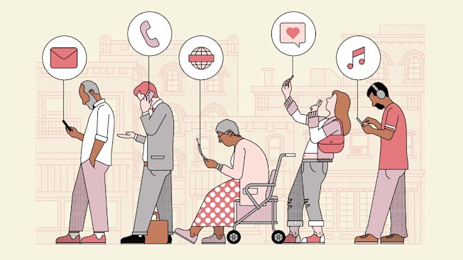 illustration of various people standing in line, all holding a smart phone with bubbles above them showing their individual phone needs