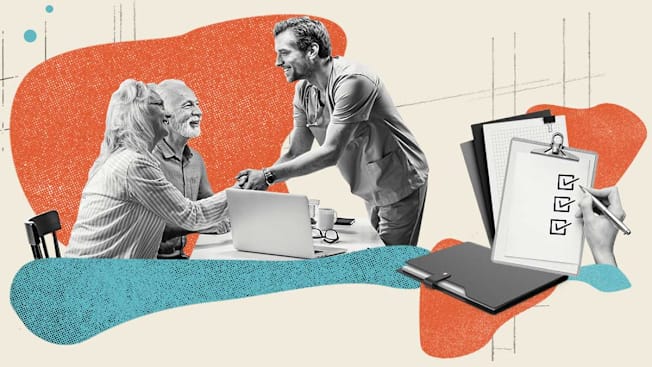 photo illustrated collage of nurse shaking person's hand with their partner sitting next to them, and hand making check mark on clipboard