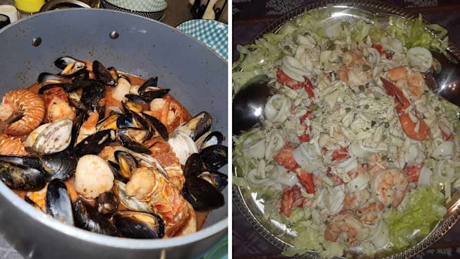 split showing 2 different seafood recipes for the Feast of Seven Fishes