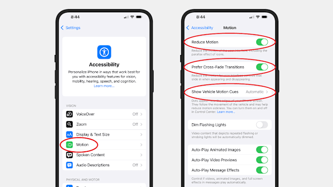 Screenshots from the iPhone Accessibility menu showing access to controls for Motion.