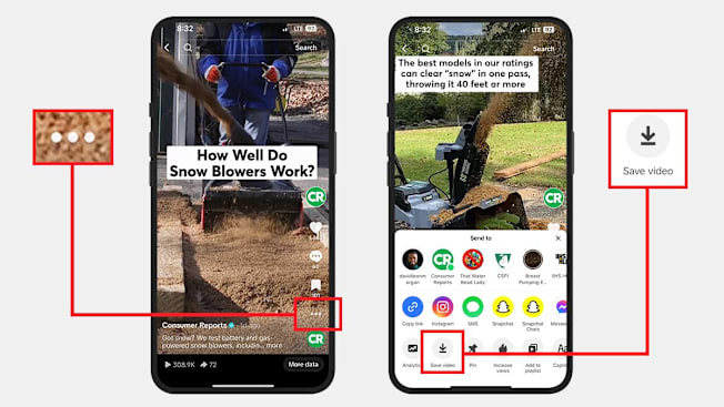 Two cell phones showing screenshots from the Tiktok app showing how to save an existing video.