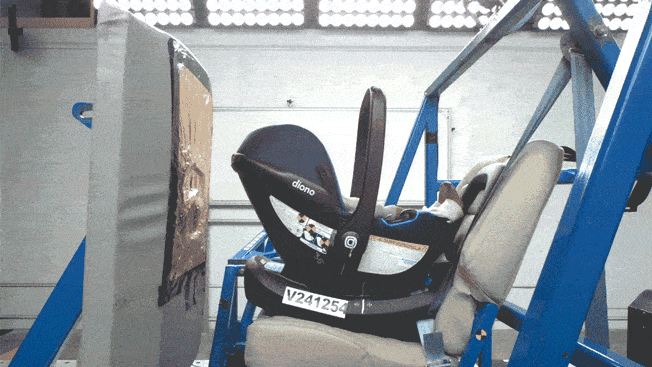 The Diono LiteClik30 XT car seat detached from its base in CR’s crash tests.