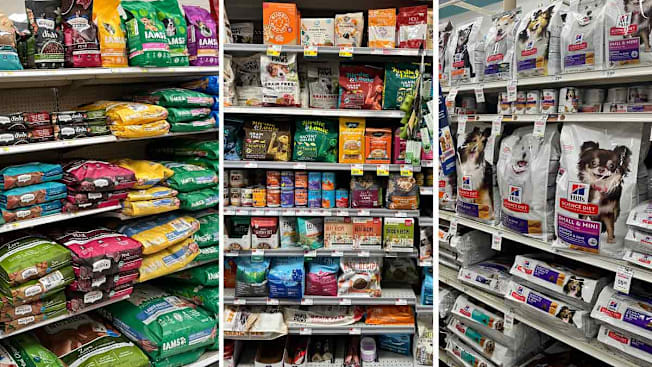a triptych showing the many various dog food options in three different store aisles