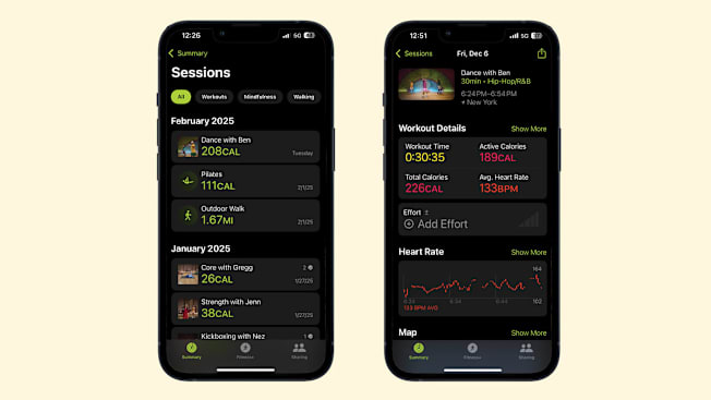 two iPhone 13 phones showing Apple Fitness+ screens (sessions and workout details)