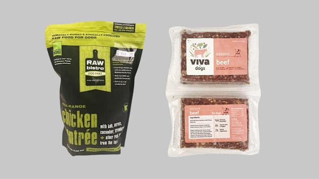 From left: Raw Bistro’s Free Range Chicken Entrée and Viva for Dogs Ground Beef meal