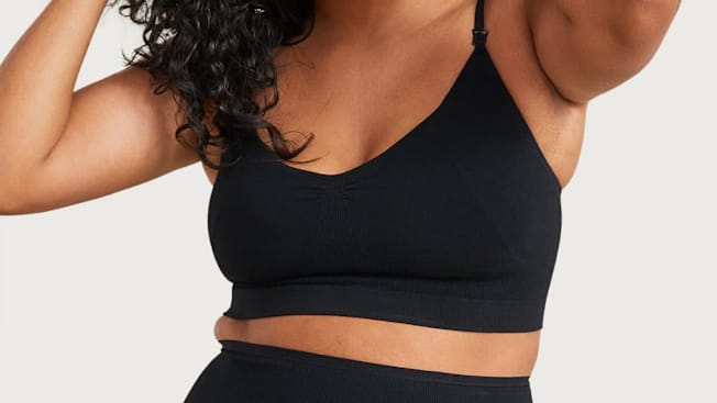 A model wearing the Hatch Essential Nursing and Pumping Bra