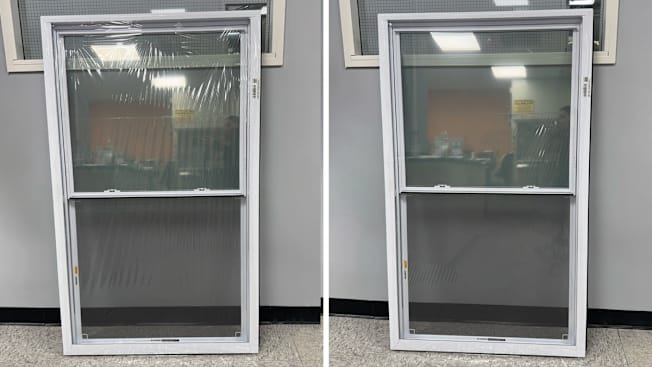 split image of window with insulation plastic film applied, left side showing before a hair dryer was used to adhere the film