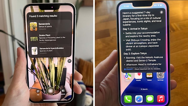 split image showing Apple Intelligence feature on the iPhone 16e, on the left IDing a plant and on the right creating a trip itinerary