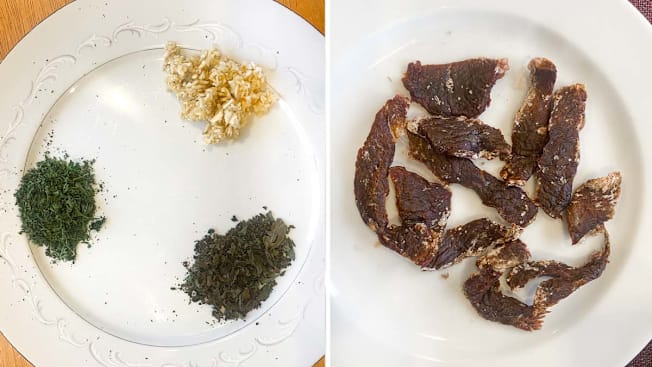 dried herbs and beef jerky