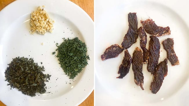 dried herbs and beef jerky